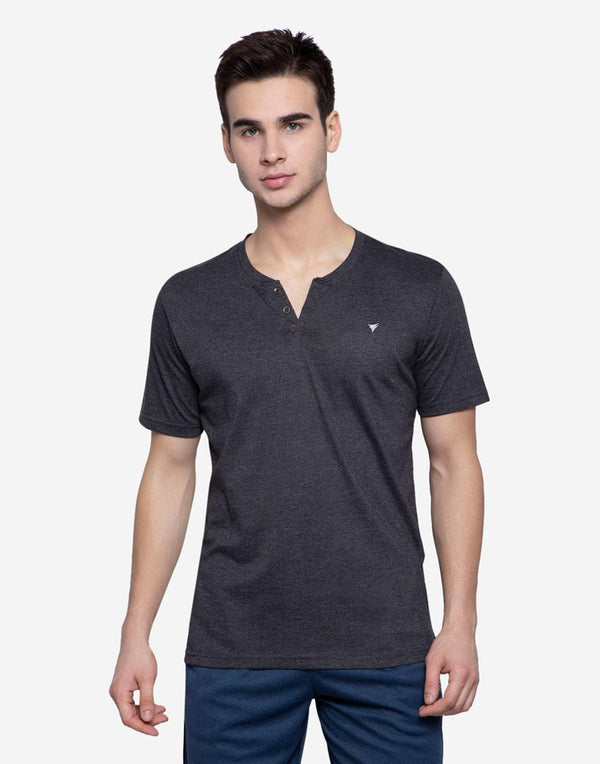 Henley Neck T-Shirt For Men- Black Mix