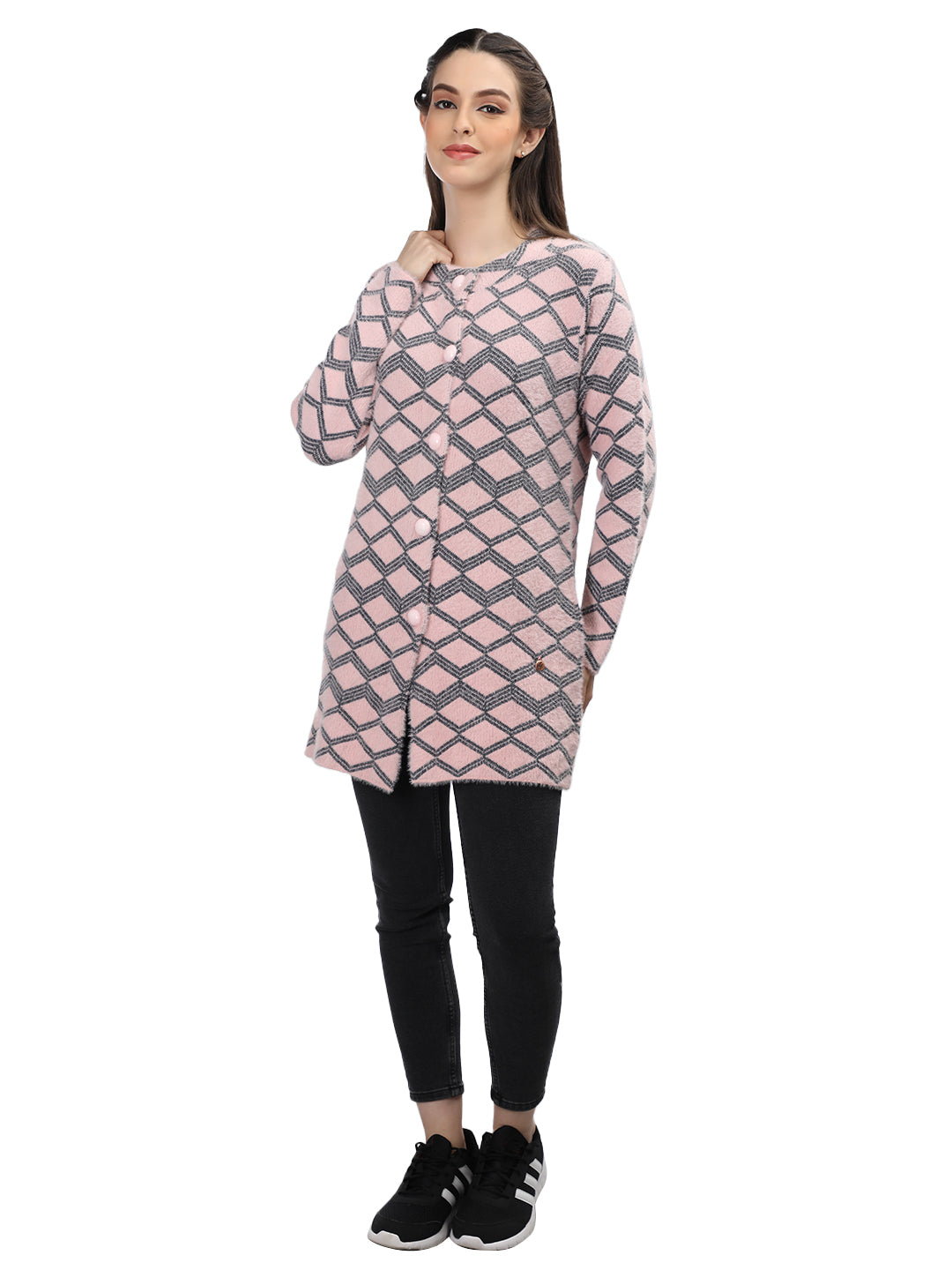 Neva Women Cardigan Button Closure Symmetrical Pattern - Pink / M