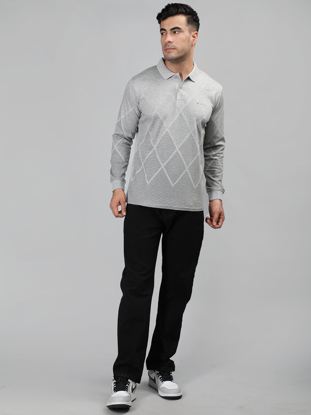 Neva Men Polo Neck Full Sleeves T-shirt Diamond pattern -15%Milange Grey