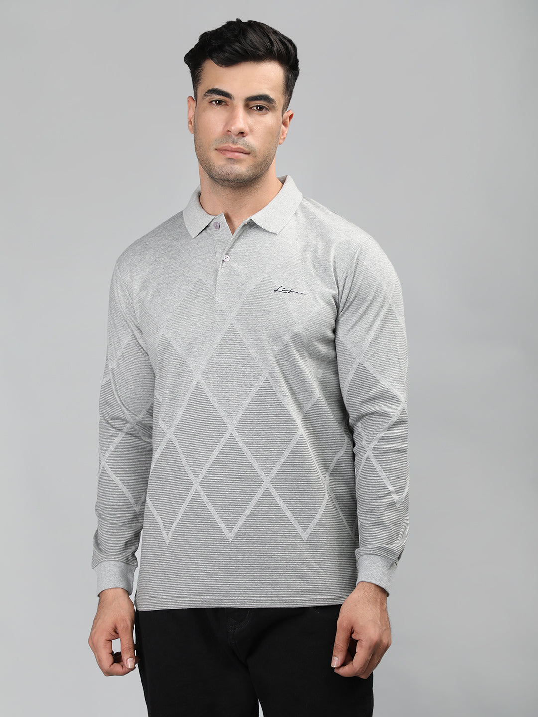 Neva Men Polo Neck Full Sleeves T-shirt Diamond pattern -15%Milange Grey