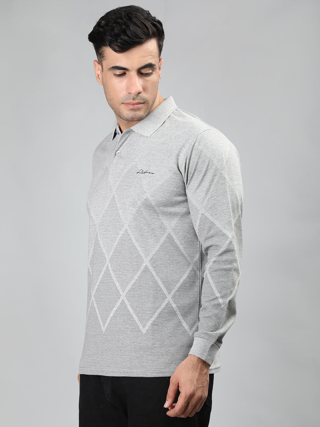 Neva Men Polo Neck Full Sleeves T-shirt Diamond pattern -15%Milange Grey