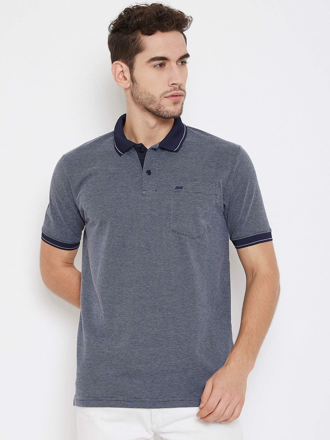 LivFree Polo Neck Men's T-Shirt in Dots Pattern Half Sleeve- Denim Mix