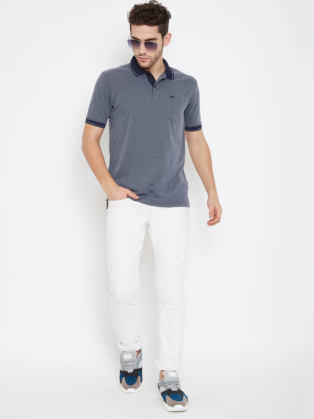 LivFree Polo Neck Men's T-Shirt in Dots Pattern Half Sleeve- Denim Mix