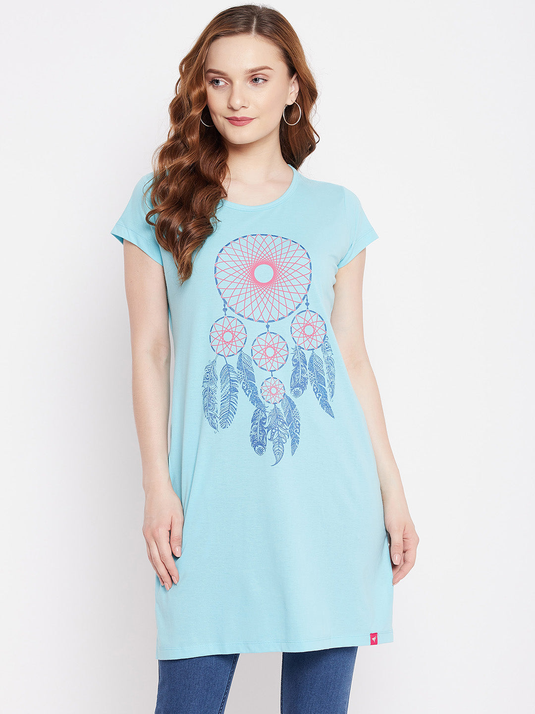 Neva Women's Regular Fit Graphic Printed Long T-Shirt -Aqua