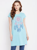 Neva Women's Regular Fit Graphic Printed Long T-Shirt -Aqua