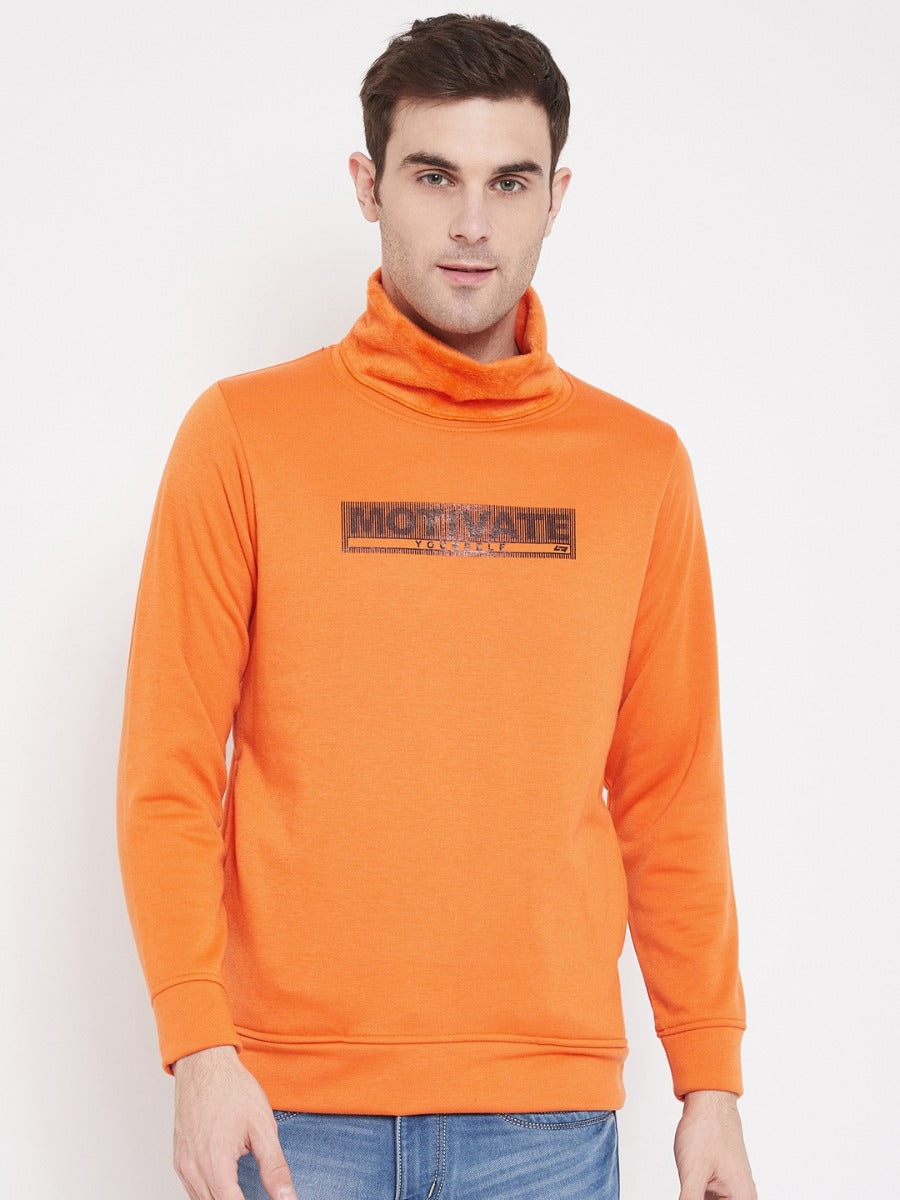 Livfree Men's High Neck Full Sleeves Text Printed Sweatshirt With Pocket-Orange