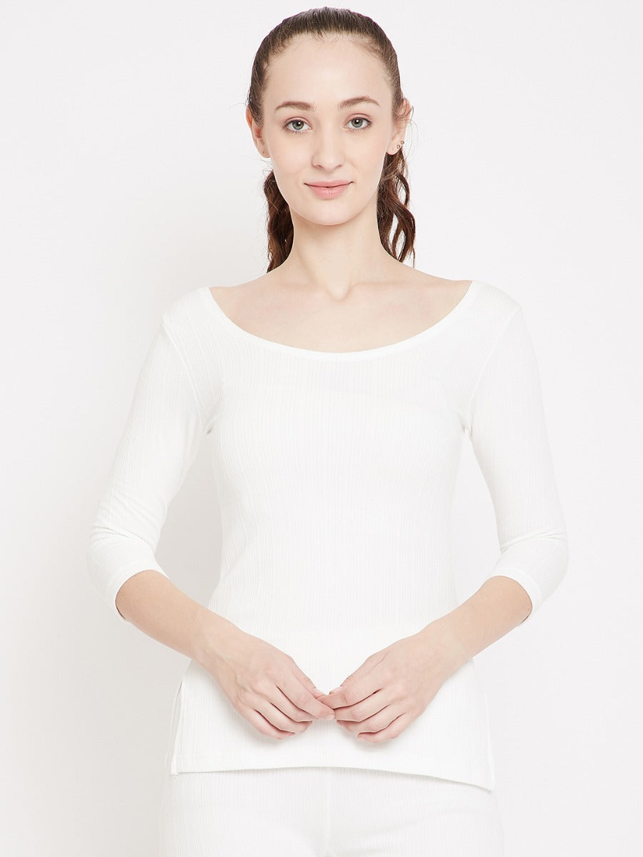 Neva Round Neck 3/4th Sleeves Thermal Upper For Women - Off White