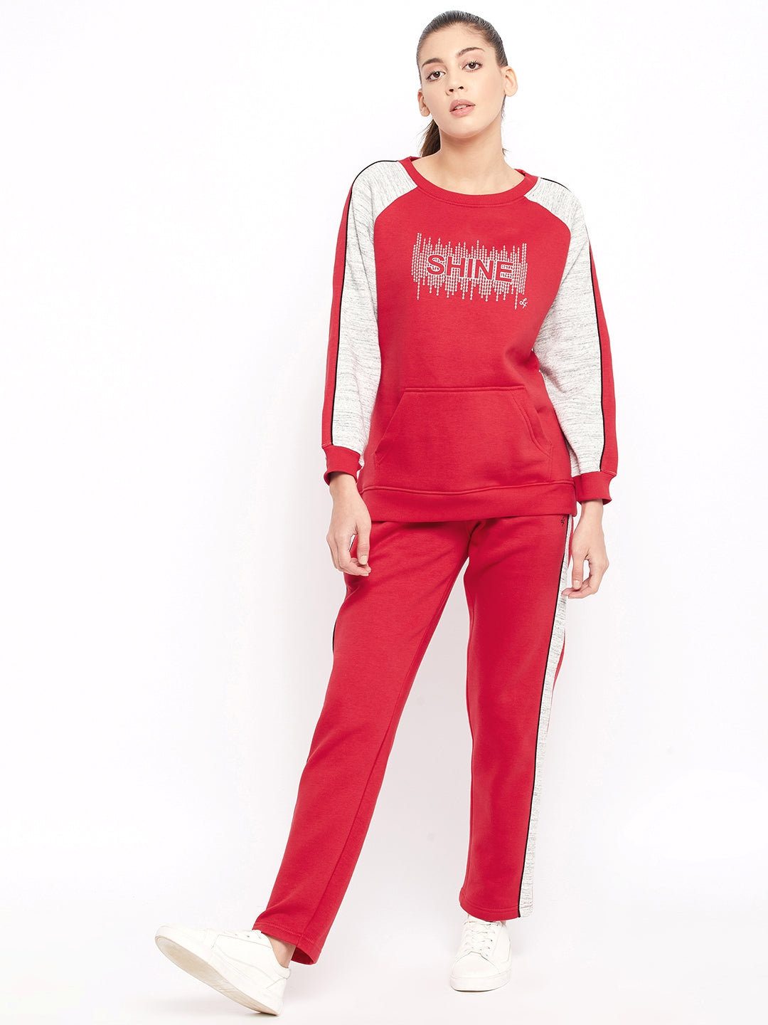 Livfree Round Neck Full Sleeve Typographic printed Women winter tracksuit- Red