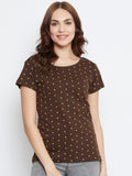 NEVA Round Neck Half Sleeve Front Printed T-shirt For Women-Coffee