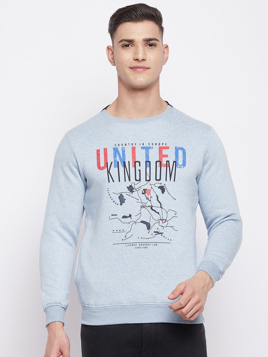 Livfree Mens Round Neck Full Sleeve Printed Sweatshirt- Sky Milange