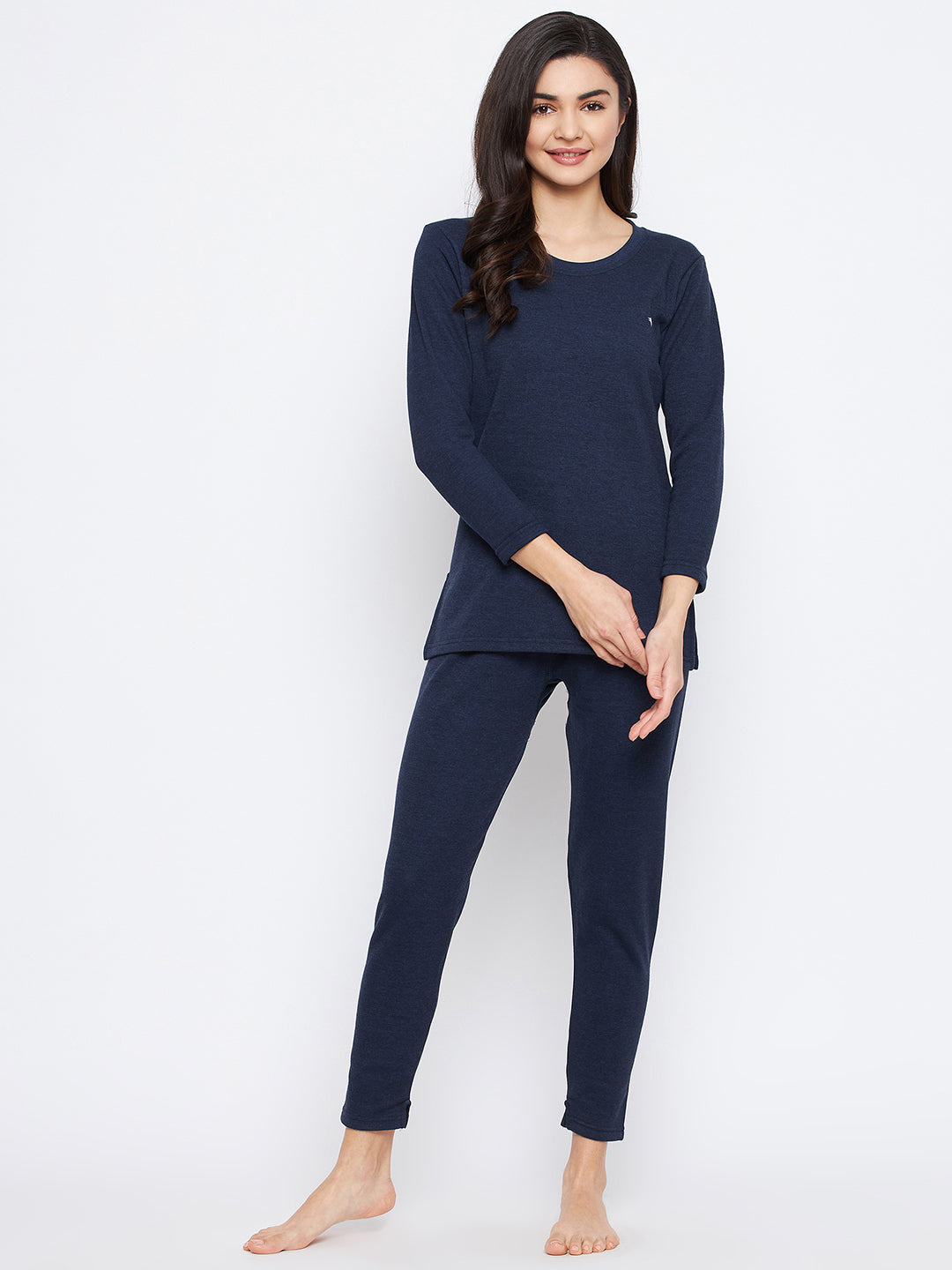 Neva Women Round Neck 3/4 Sleeve Thermal Upper & Bottom Set- Denim Milange (Glaccia)