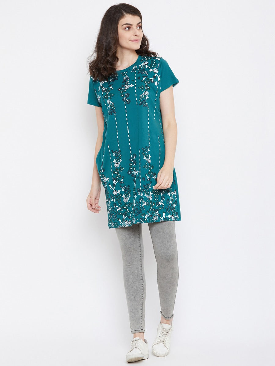 Neva Women's Round Nevk Half Sleeve Vertical Floral Print Long Top With Pockets-Dark Green