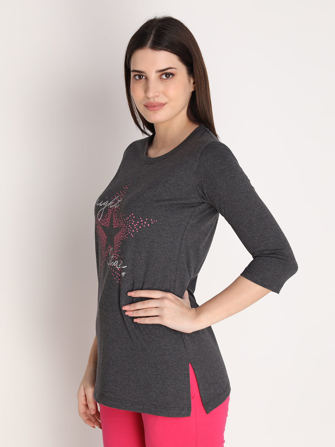 NEVA Women Round Neck Cotton Stylish T-Shirt- Anthra