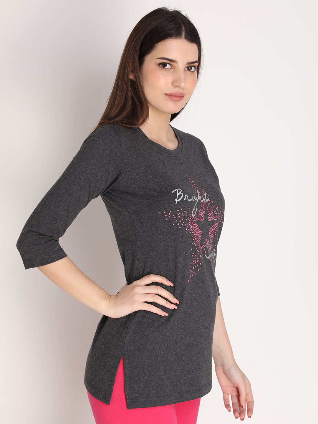 NEVA Women Round Neck Cotton Stylish T-Shirt- Anthra