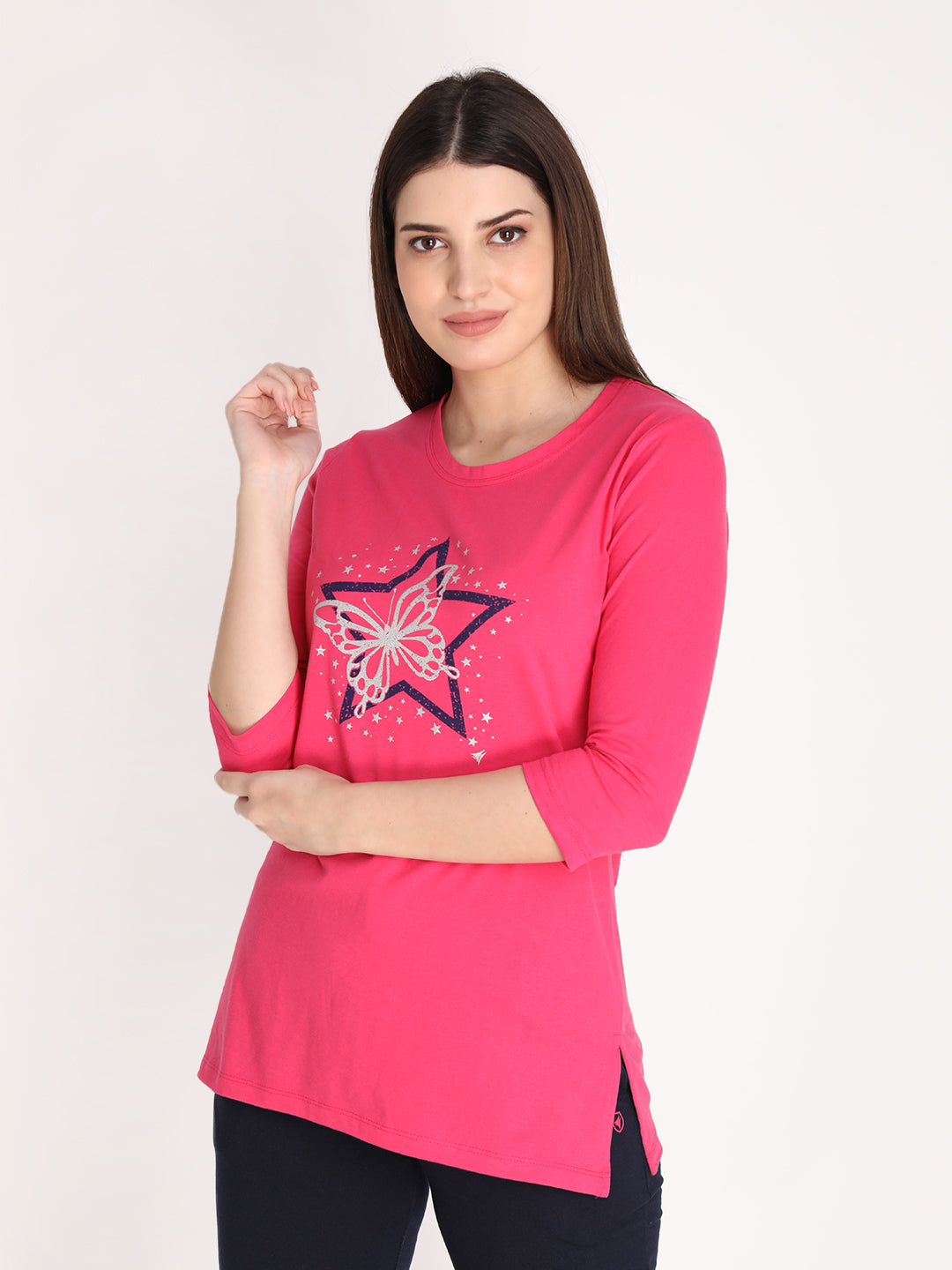 NEVA Women Round Neck Cotton Stylish T-Shirt- Hot Pink