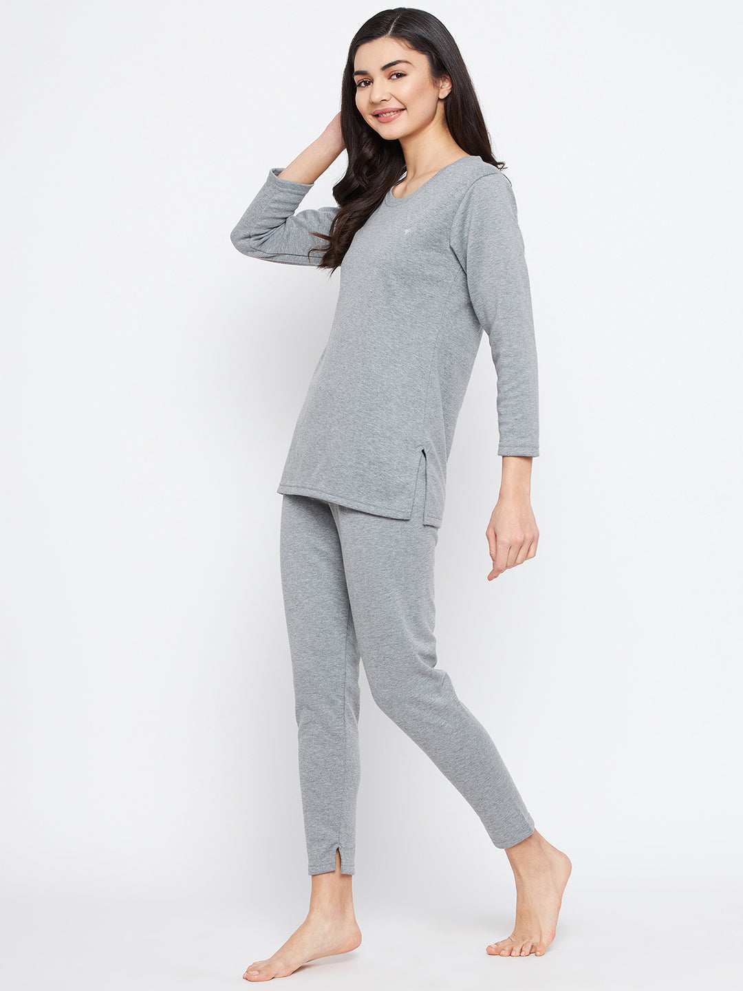 Neva Women Round Neck 3/4 Sleeve Thermal Upper & Bottom Set- Milange Grey (Glaccia)