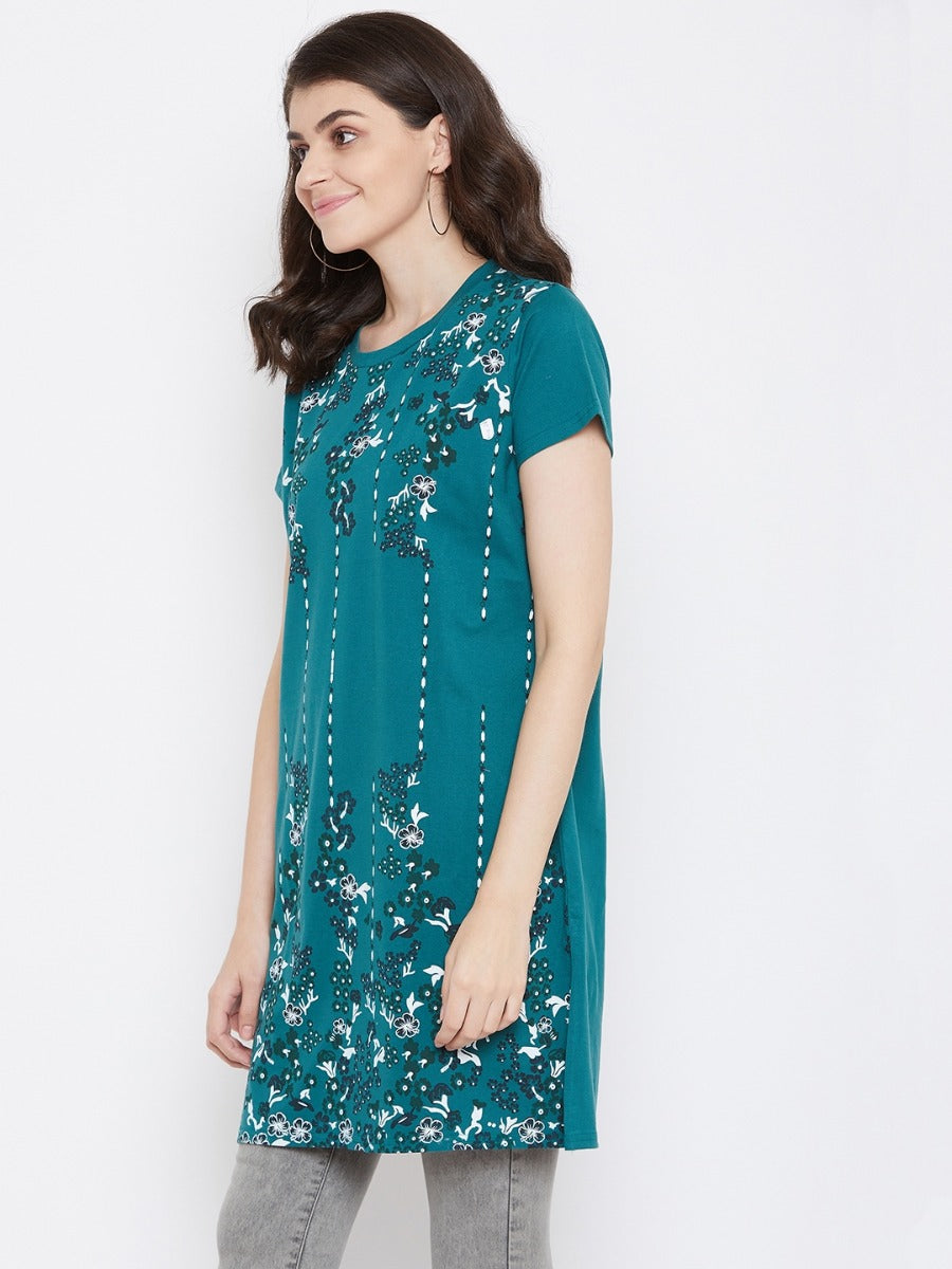 Neva Women's Round Nevk Half Sleeve Vertical Floral Print Long Top With Pockets-Dark Green