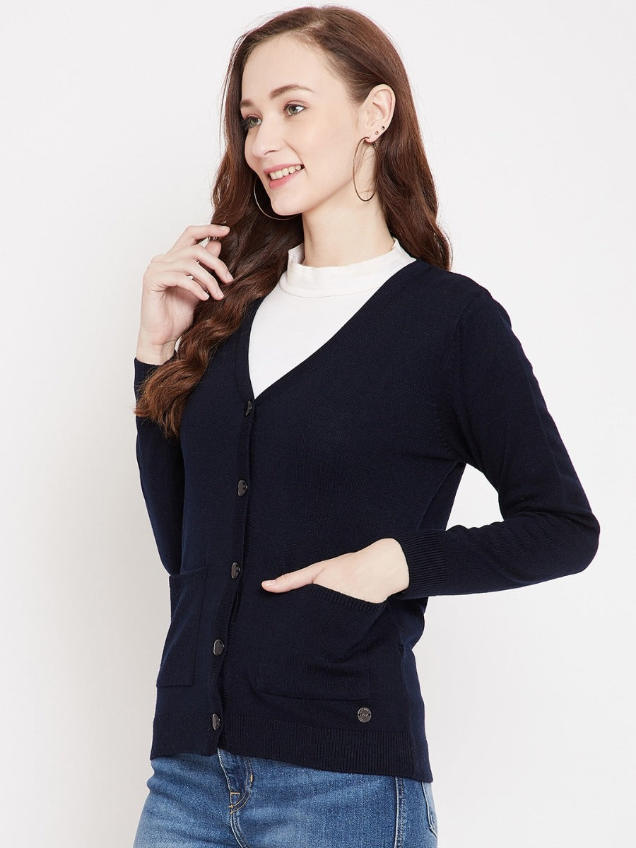 Livfree V-Neck Full Sleeves Solid Cardigan With Front Pockets For Women-Navy