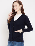 Livfree V-Neck Full Sleeves Solid Cardigan With Front Pockets For Women-Navy