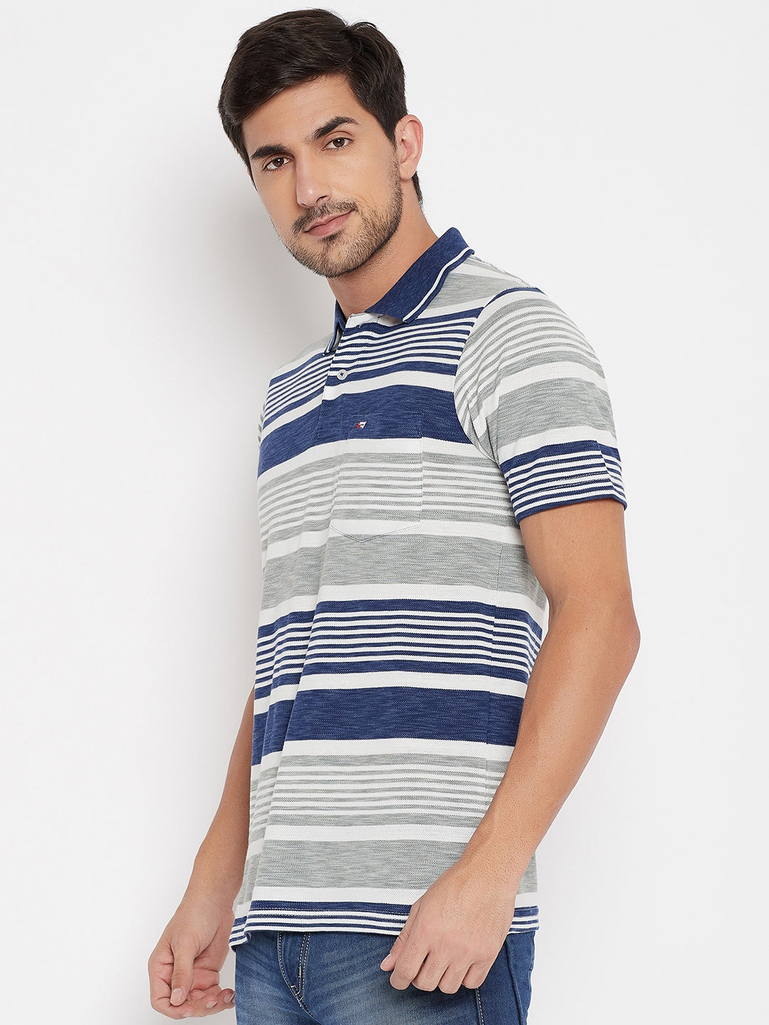 LIVFREE Men's Regular Fit Multicolored Stripes T-Shirt -Denim