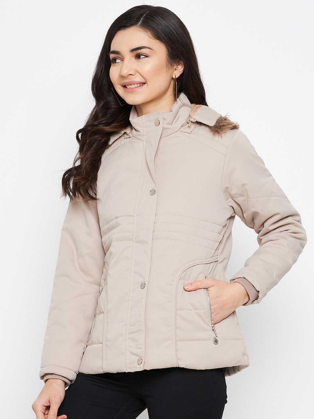 Livfree Women Full Zipper Hoody Jacket- Beige