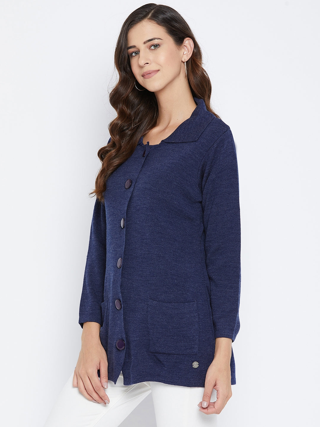 Livfree Women's Collar Neck Full-Sleeves Solid Cardigan - Blue