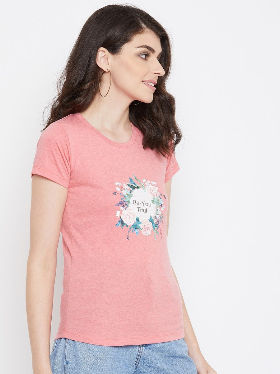 Neva Women's Round Neck Half Sleeve Printed Top-Light Onion Milange