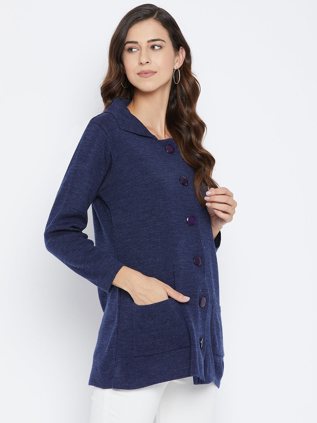 Livfree Women's Collar Neck Full-Sleeves Solid Cardigan - Blue