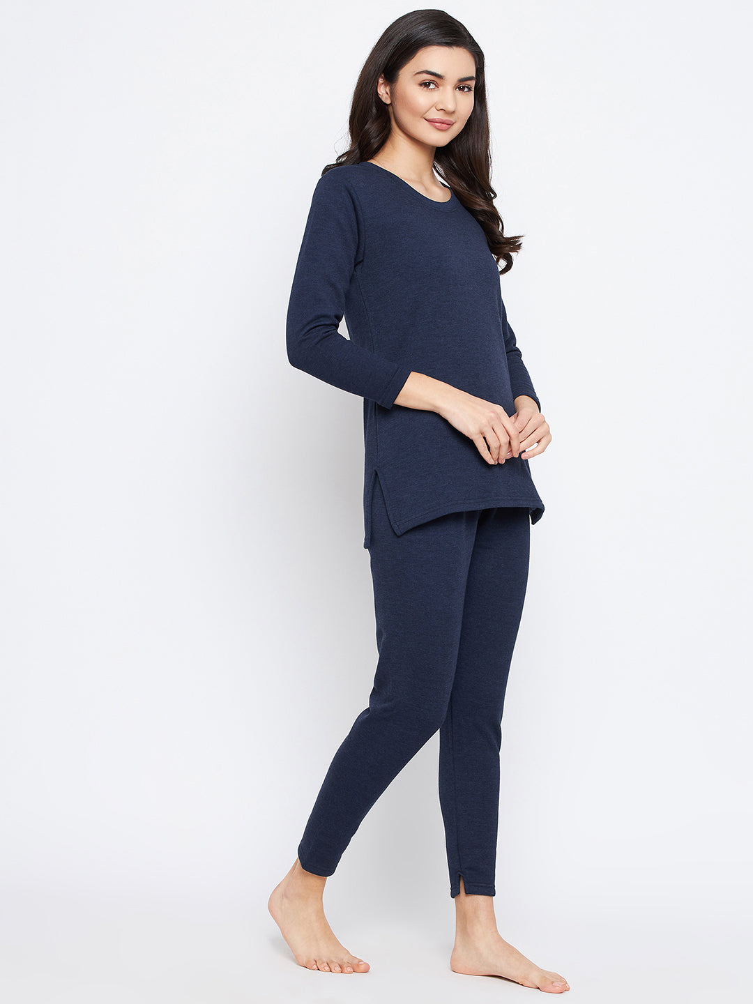 Neva Women Round Neck 3/4 Sleeve Thermal Upper & Bottom Set- Denim Milange (Glaccia)