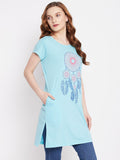 Neva Women's Regular Fit Graphic Printed Long T-Shirt -Aqua