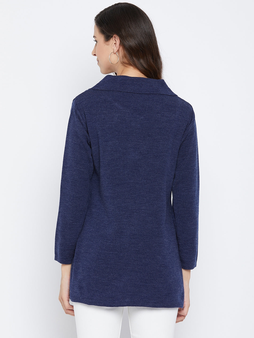 Livfree Women's Collar Neck Full-Sleeves Solid Cardigan - Blue