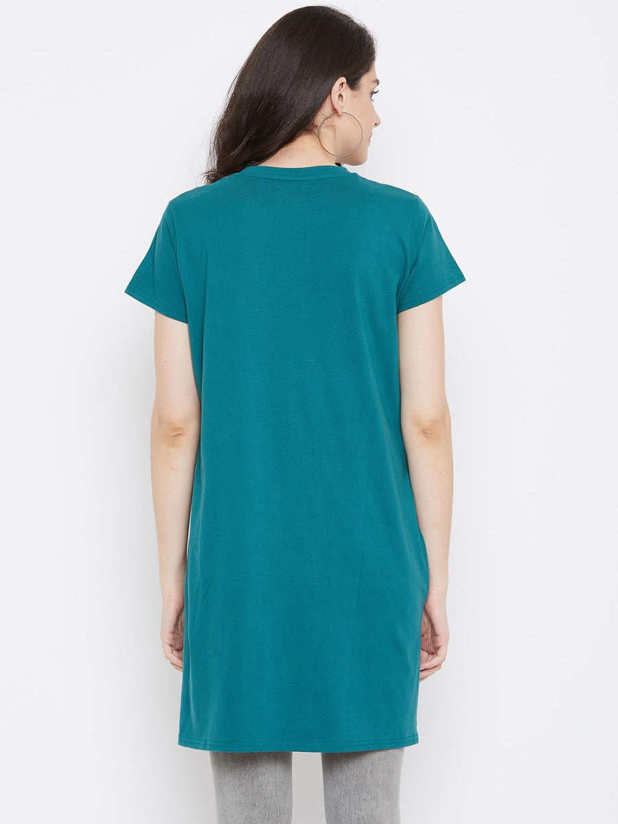 Neva Women's Round Nevk Half Sleeve Vertical Floral Print Long Top With Pockets-Dark Green