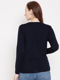 Livfree V-Neck Full Sleeves Solid Cardigan With Front Pockets For Women-Navy