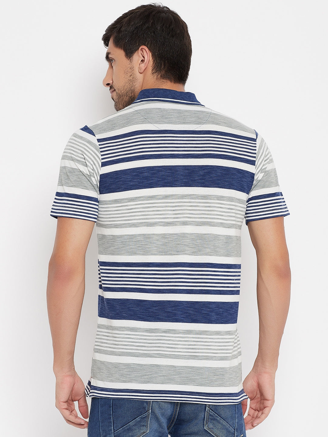 LIVFREE Men's Regular Fit Multicolored Stripes T-Shirt -Denim