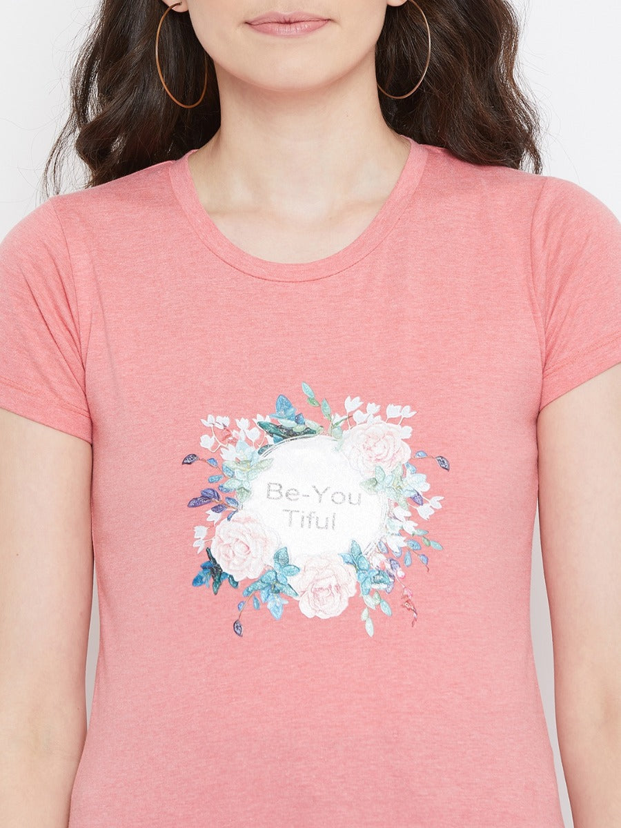 Neva Women's Round Neck Half Sleeve Printed Top-Light Onion Milange