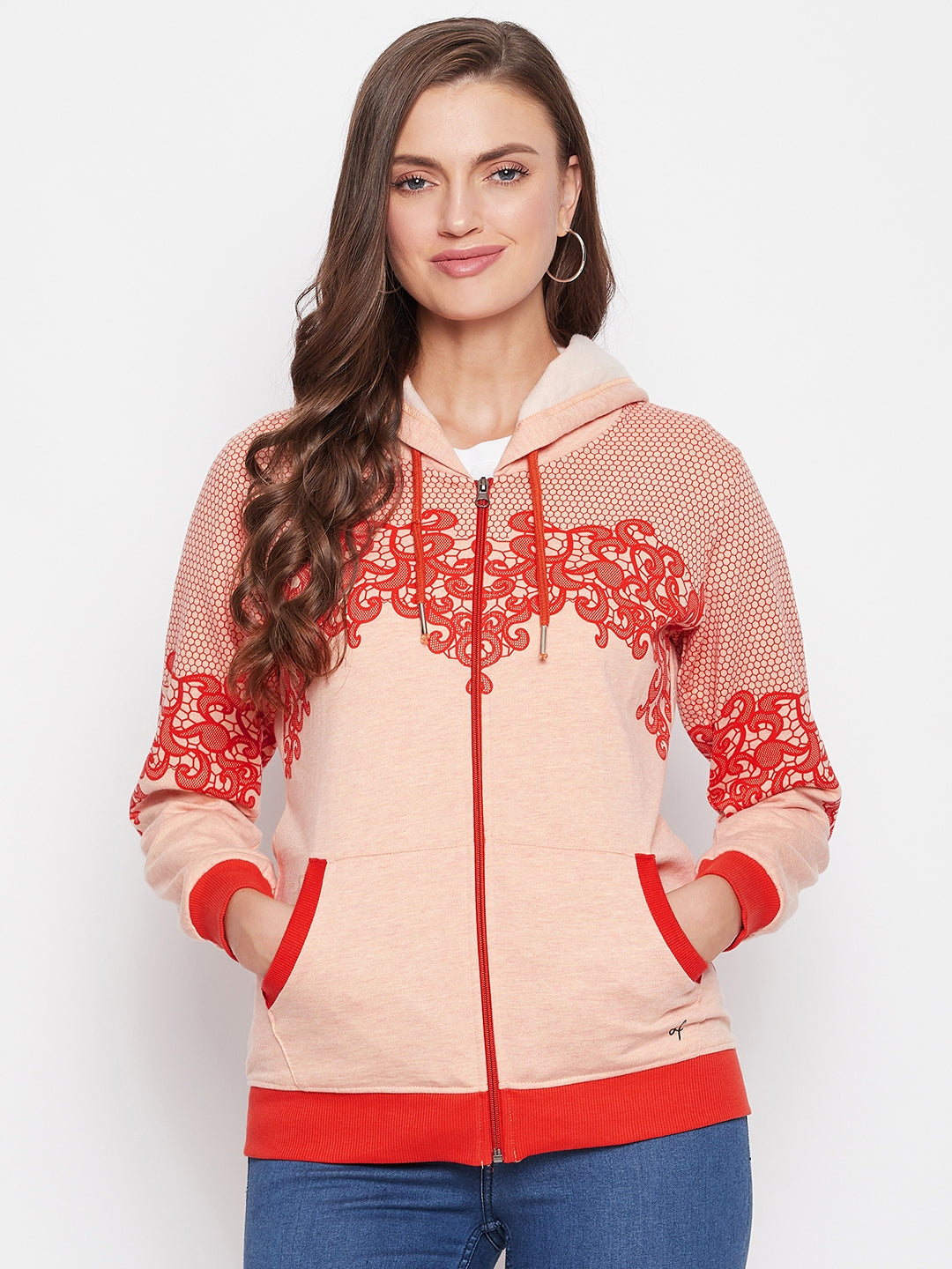 Livfree Women's Hoodie Full Sleeves Milange Sweatshirt - Peach Mix (Zipper)