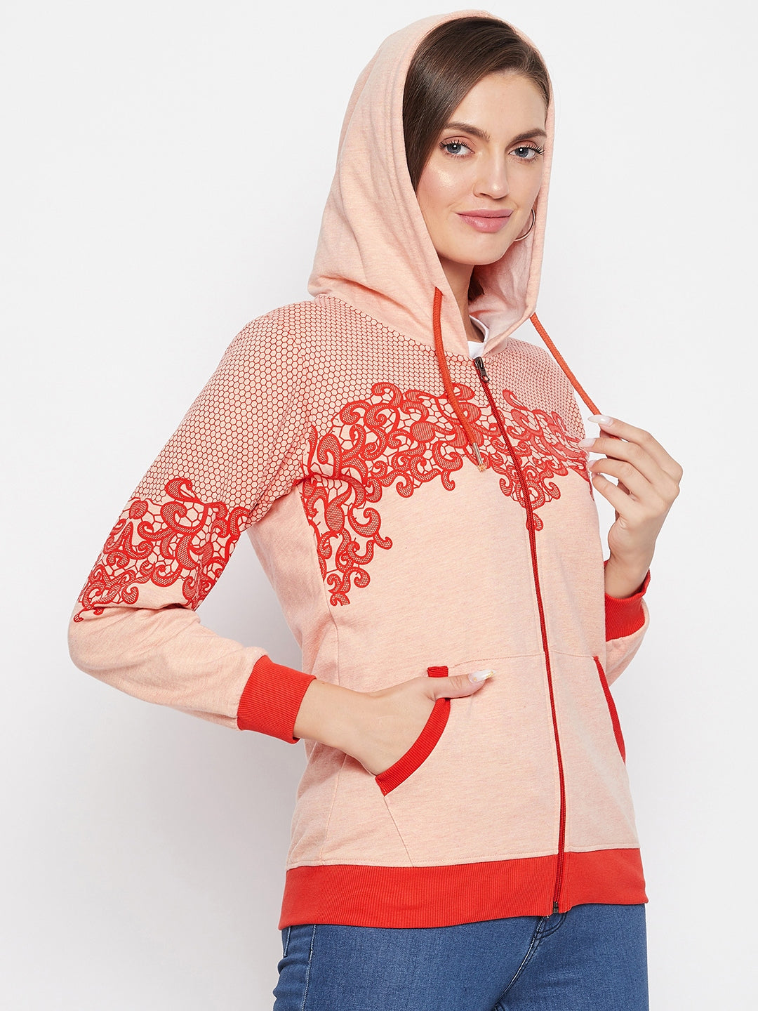 Livfree Women's Hoodie Full Sleeves Milange Sweatshirt - Peach Mix (Zipper)