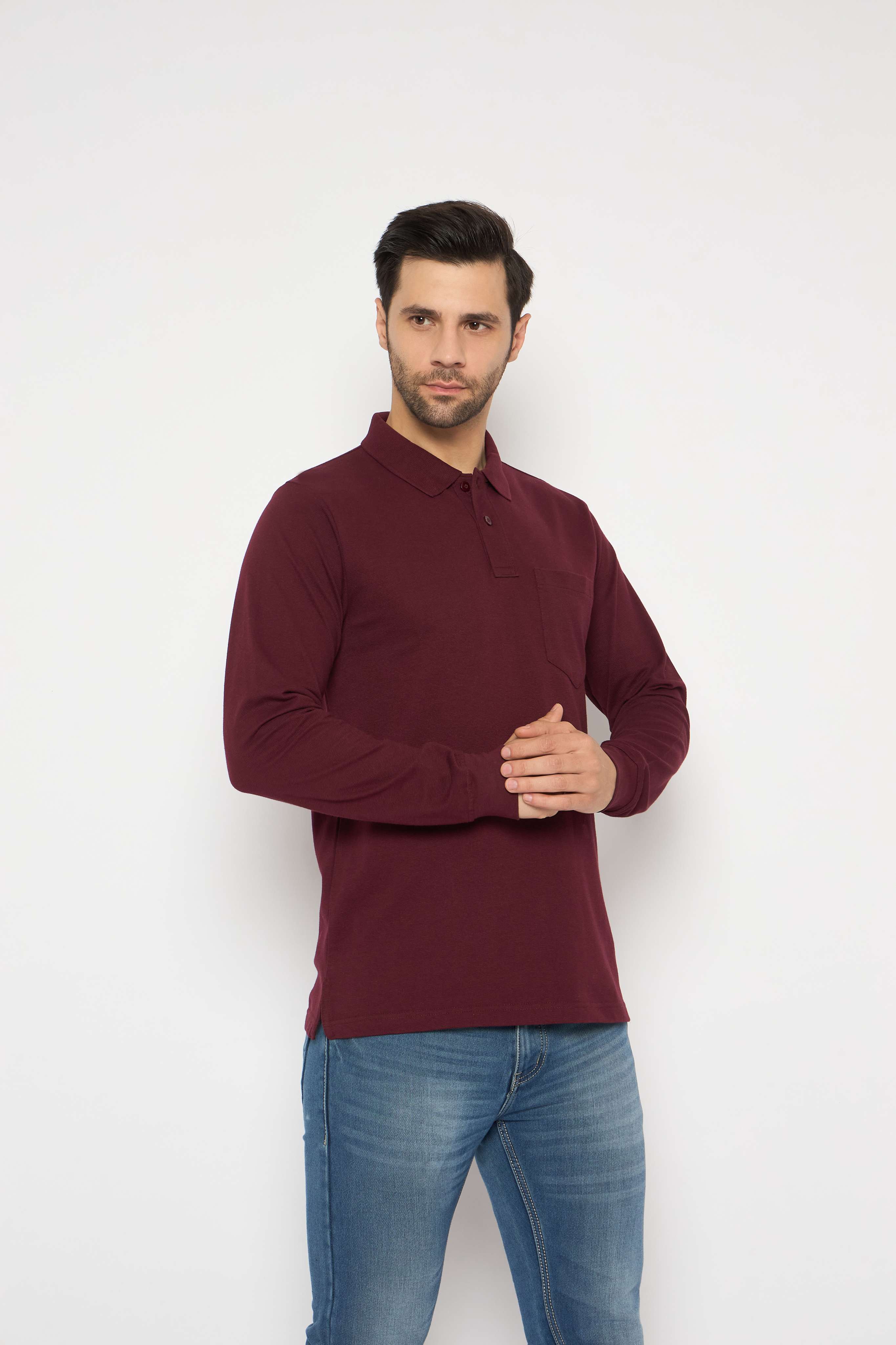 Neva Polo Neck Solid Men tshirt Full sleeves chest pocket