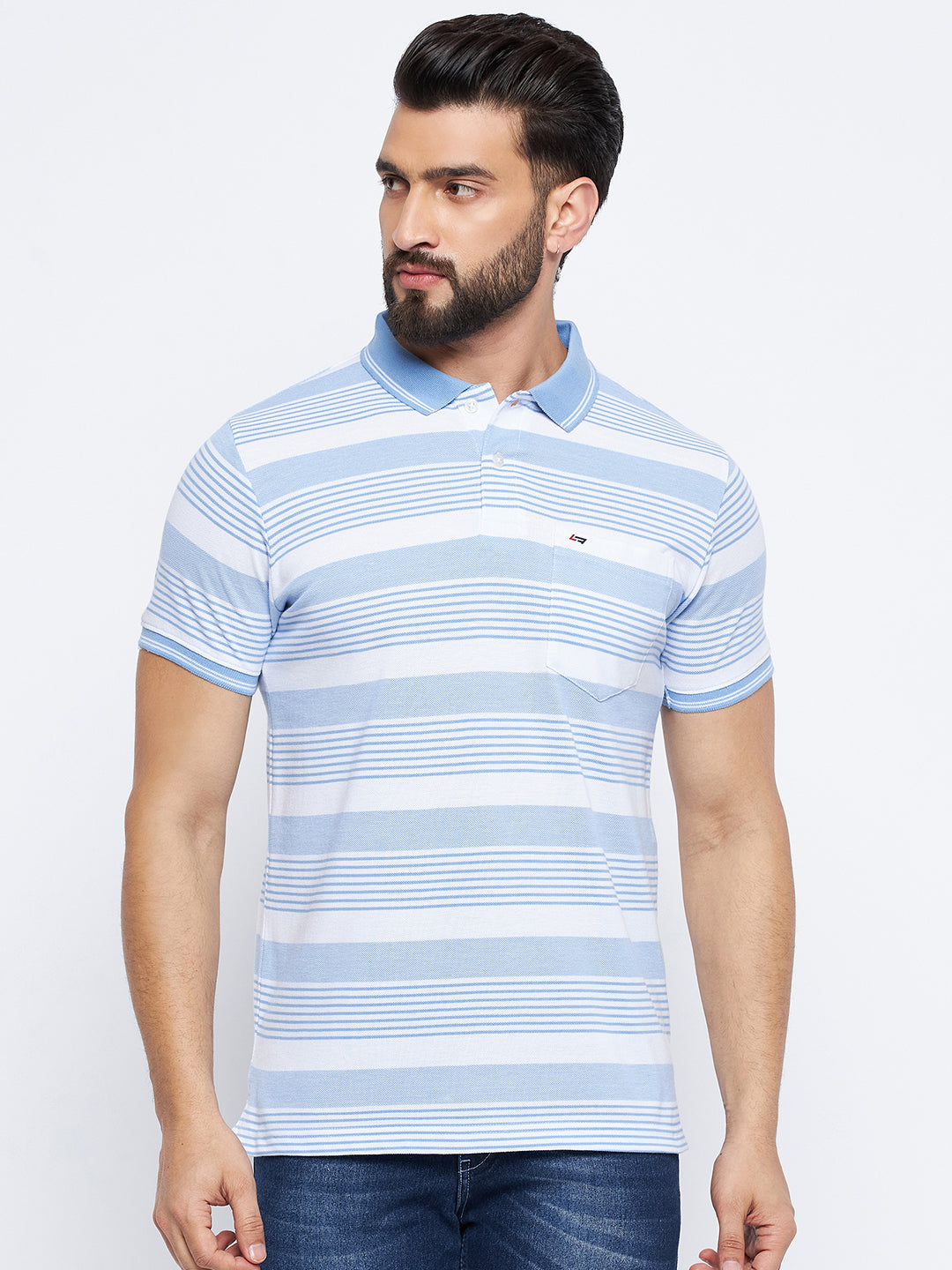 Neva Men Polo Neck Half Sleeves T-shirt Striped colorblock Pattern Chest Pocket