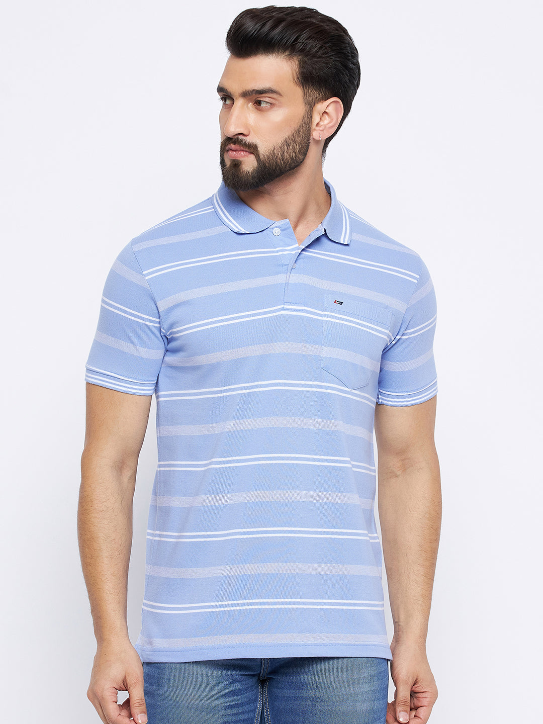 Neva Men Polo Neck Half Sleeves T-shirt Striped Pattern Chest Pocket