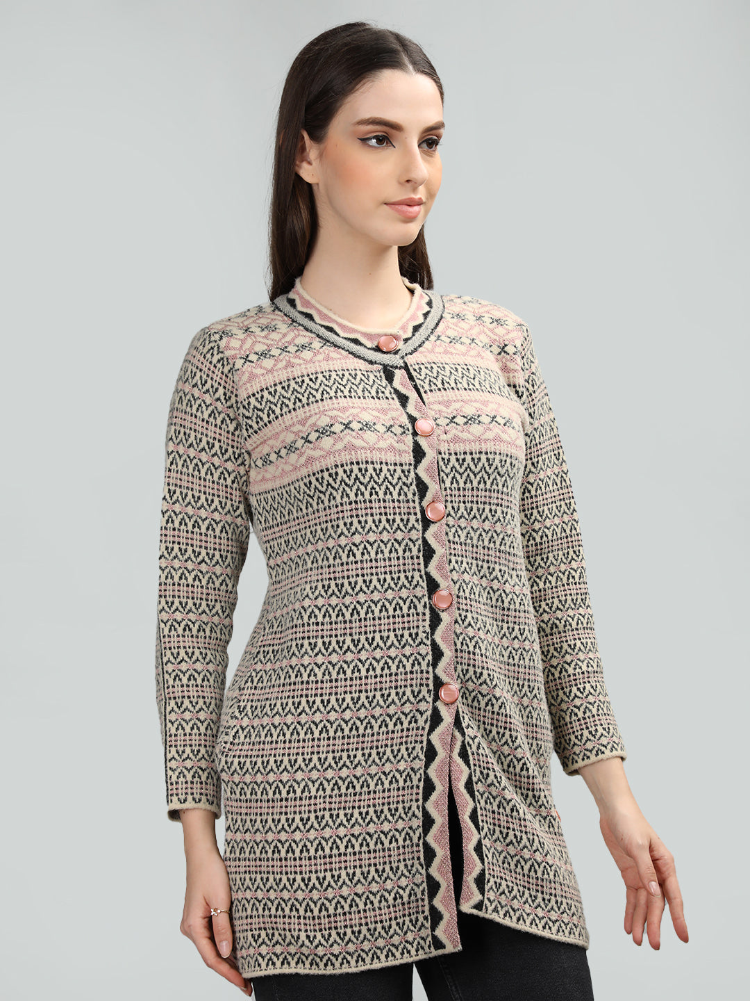 Neva Women Cardigan Button Closure Symmetrical Pattern