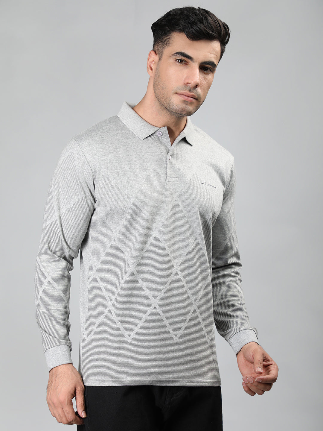 Neva Men Polo Neck Full Sleeves T-shirt Diamond pattern -15%Milange Grey