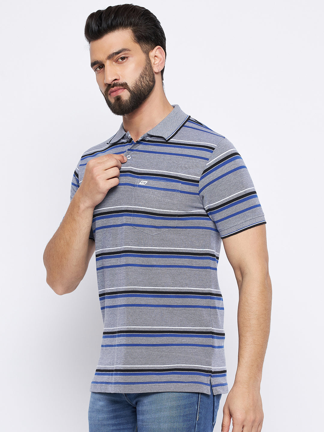 Neva Men Polo Neck Half Sleeves T-shirt Striped Pattern Chest Pocket