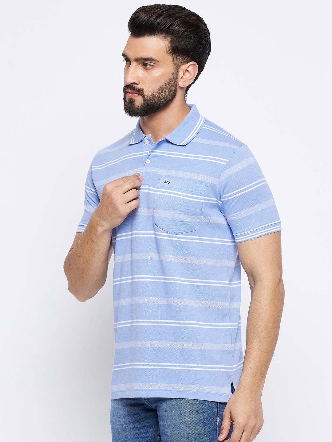 Neva Men Polo Neck Half Sleeves T-shirt Striped Pattern Chest Pocket