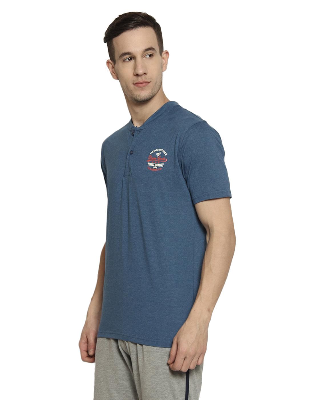 Basic Henley Neck T-Shirt For Men- Denim Millange