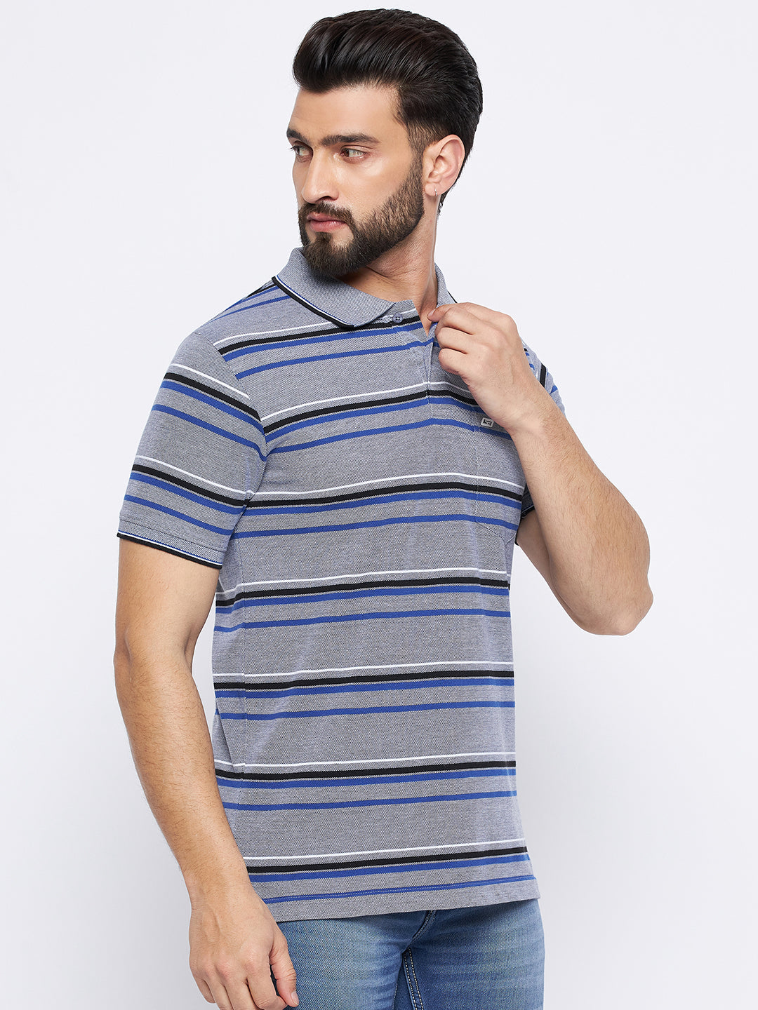 Neva Men Polo Neck Half Sleeves T-shirt Striped Pattern Chest Pocket