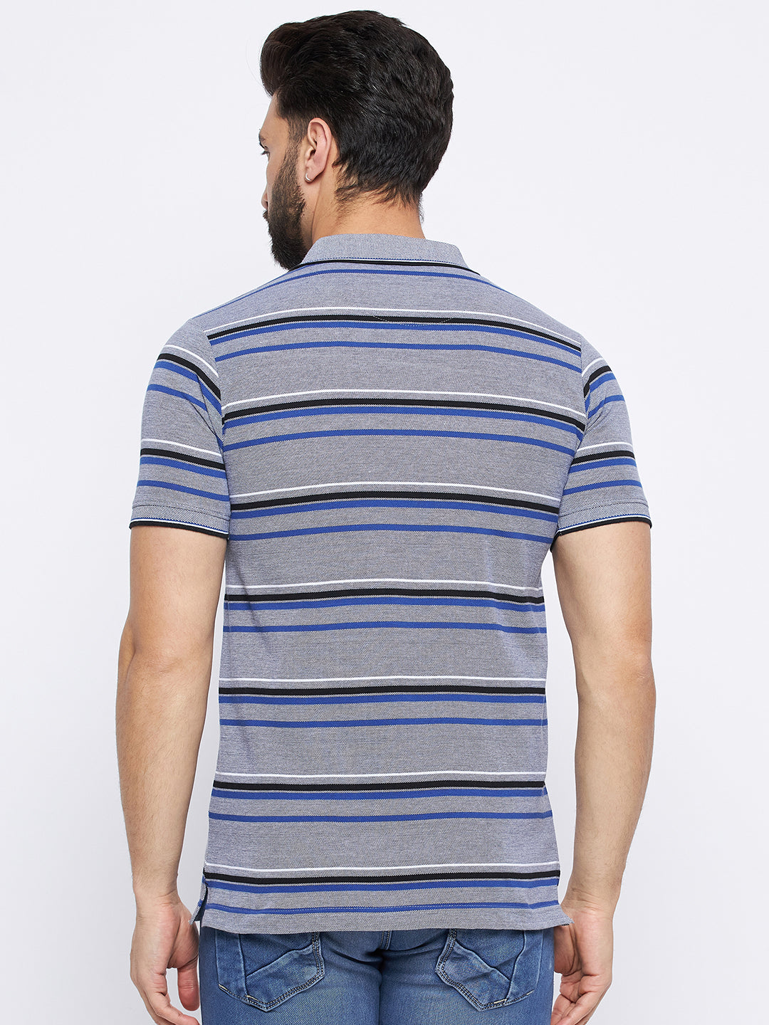 Neva Men Polo Neck Half Sleeves T-shirt Striped Pattern Chest Pocket