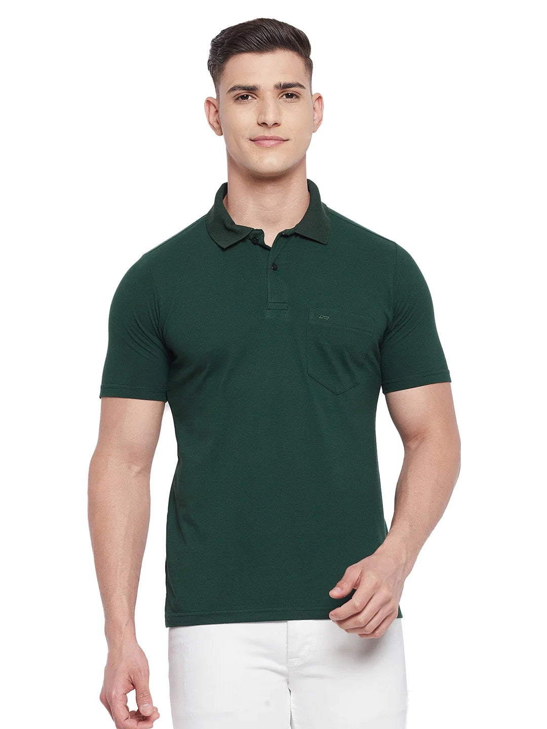 LIVFREE Men Solid Color Polo Half Sleeve T-Shirt with Chest Pocket- Bottle Green