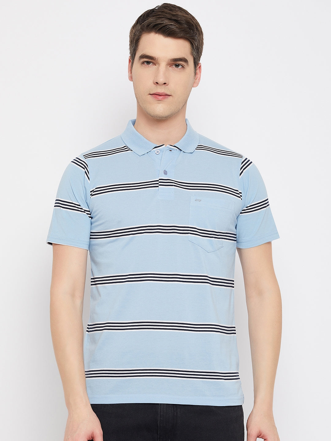 Neva Men's T-Shirt Polo Neck Half Sleeves in Stripes pattern  - Sky