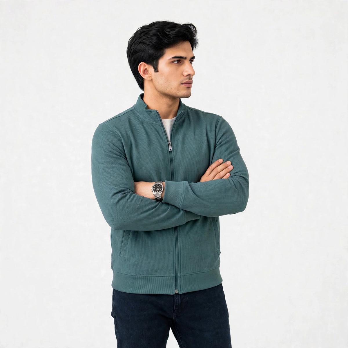 Mini Waffle Knit Full Zipper Sweatshirt